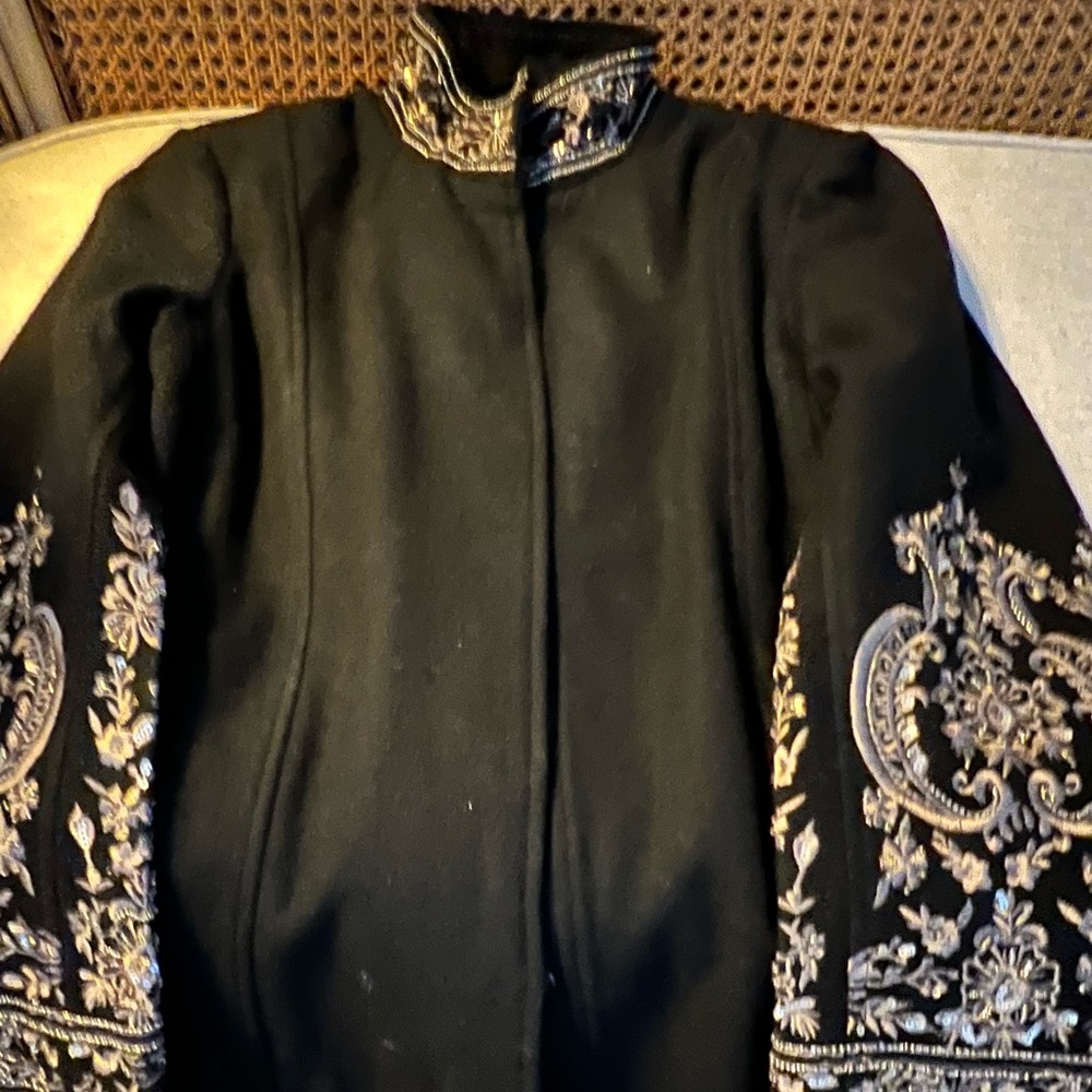 Beautiful Black  Wool/Blend Jacket with Embroidered Sleeves 
Chico’s. NWT